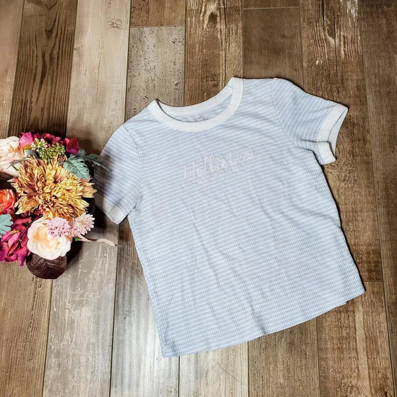 Hollister Ribbed Blue and White Cropped Striped T-Shirt Juniors Size XL - Picture 5 of 15